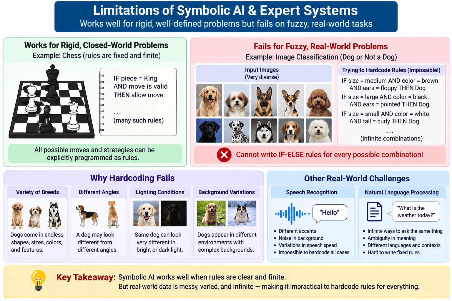 Limitations of Symbolic AI & Expert Systems: works well for rigid, well-defined problems but fails on fuzzy, real-world tasks. Left panel: Works for Rigid, Closed-World Problems, example Chess with fixed IF-THEN rules. Right panel: Fails for Fuzzy, Real-World Problems, example Image Classification (Dog or Not a Dog) showing diverse dog photos and impossible-to-write hardcoded rules. Bottom left: Why Hardcoding Fails (Variety of Breeds, Different Angles, Lighting Conditions, Background Variations). Bottom right: Other Real-World Challenges (Speech Recognition, Natural Language Processing). Key takeaway: Symbolic AI works well when rules are clear and finite, but real-world data is messy, varied, and infinite, making it impractical to hardcode rules for everything.